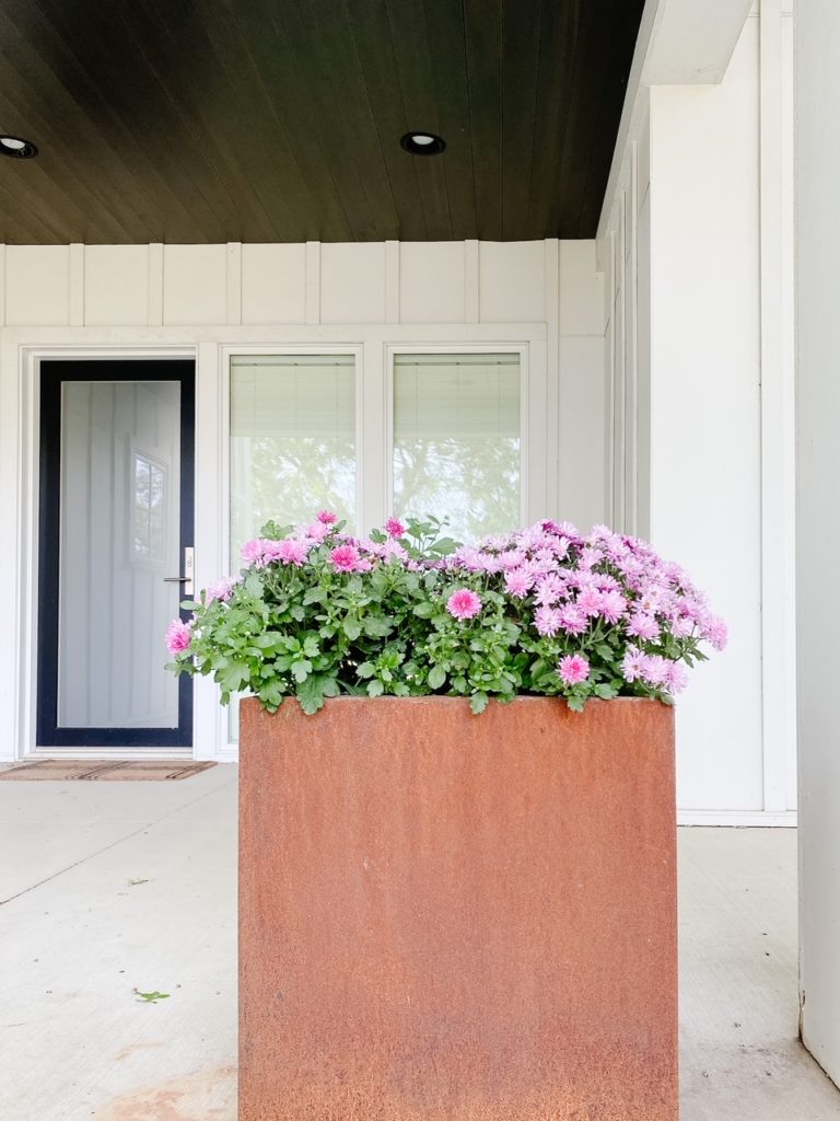 Core10 Steel planter warms up a modern farmhouse entry for fall