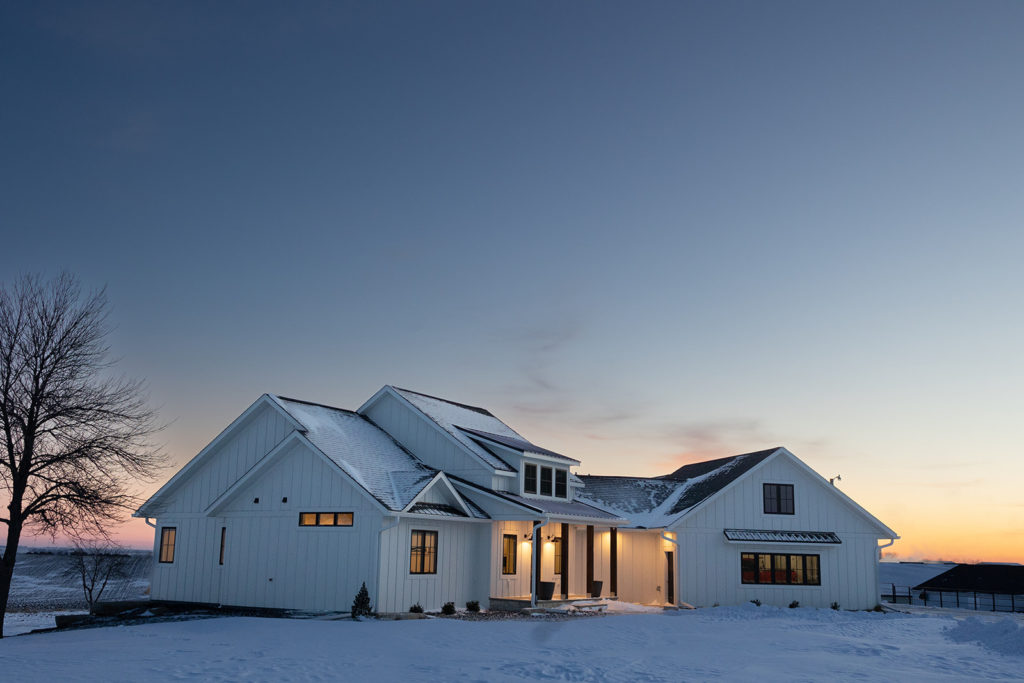 A Real Modern Farmhouse at Sunset in the winter