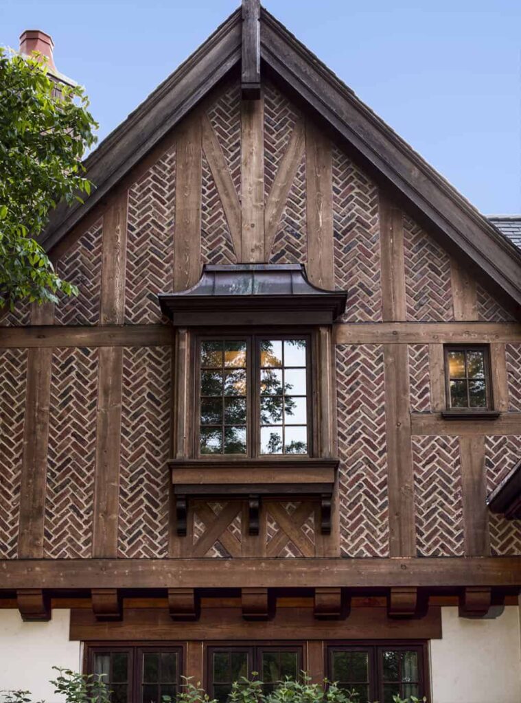 Brick herrinbone detail on a Tudor Style home